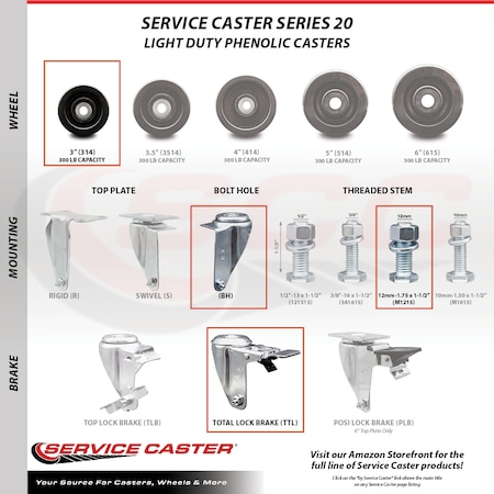 Service Caster 3 Inch SS Phenolic Swivel 12mm Threaded Stem Caster Set Total Lock Brake SCC SCC-SSTSTTL20S314-PHS-M1215-4